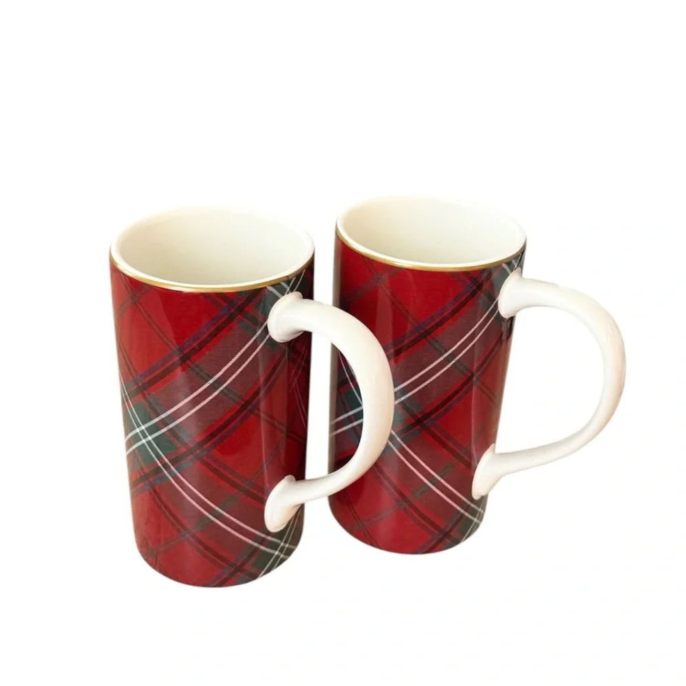 2 x Williams‎ Sonoma Red Green Tartan Plaid 6” Tall Coffee Hot Cocoa Mugs